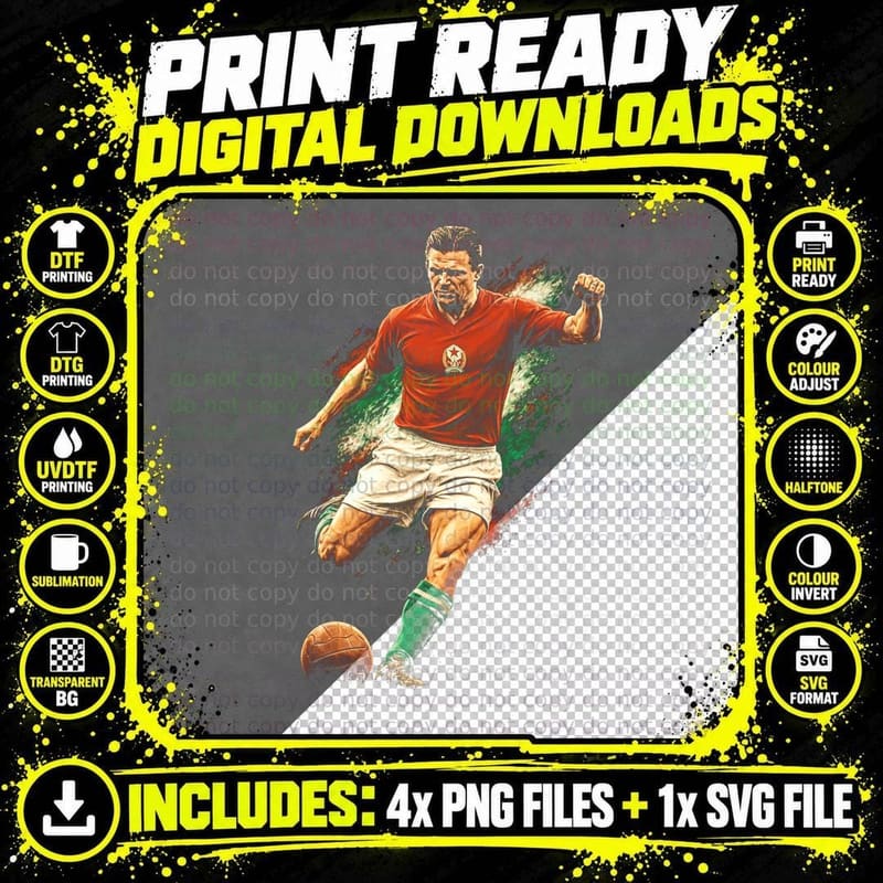 Male Footballer Kicking Ball Red Kit White Shorts Green Png SVG Digital Bundle