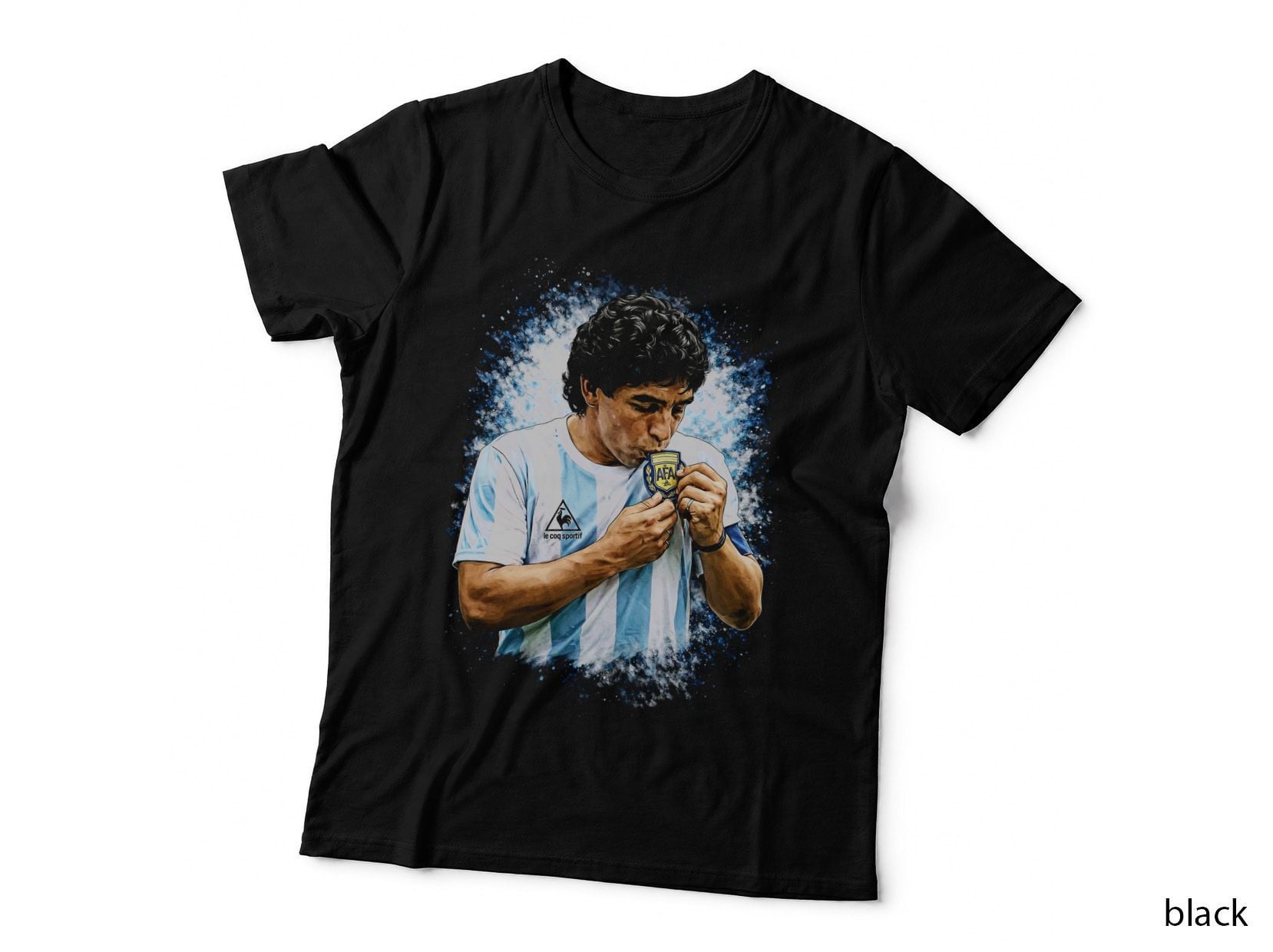 Male Footballer Kissing Badge in Striped Argentina Kit Afa Le Coq T-Shirt