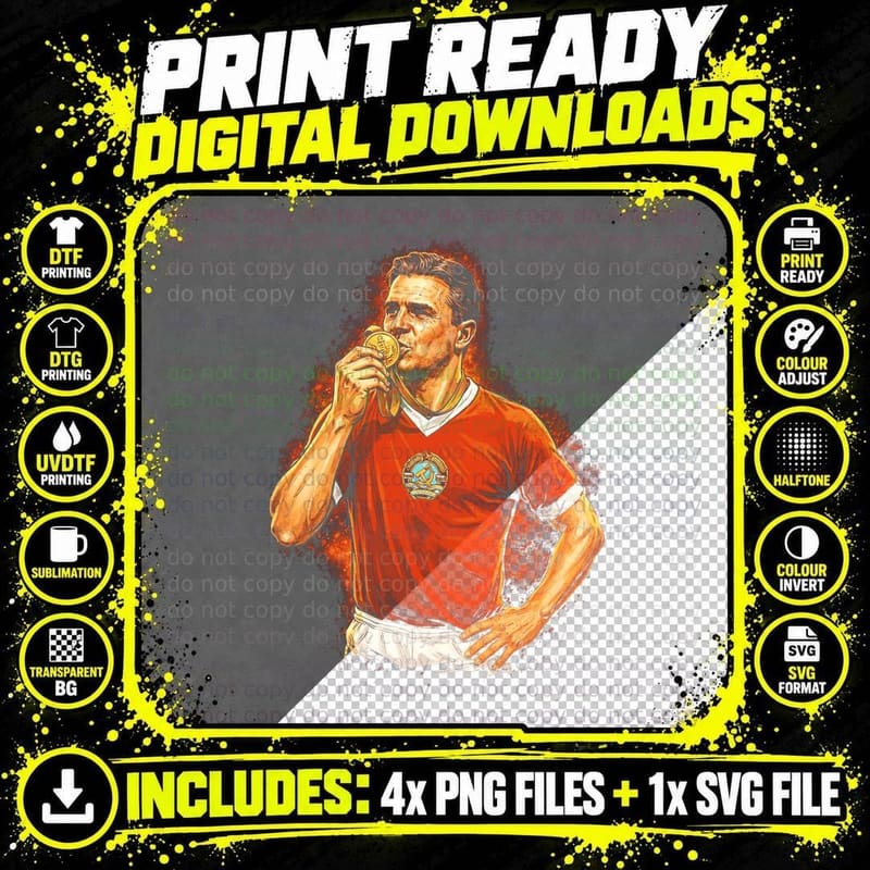 Male Footballer Kissing Medal Red Vintage Kit with Crest Png SVG Digital Bundle