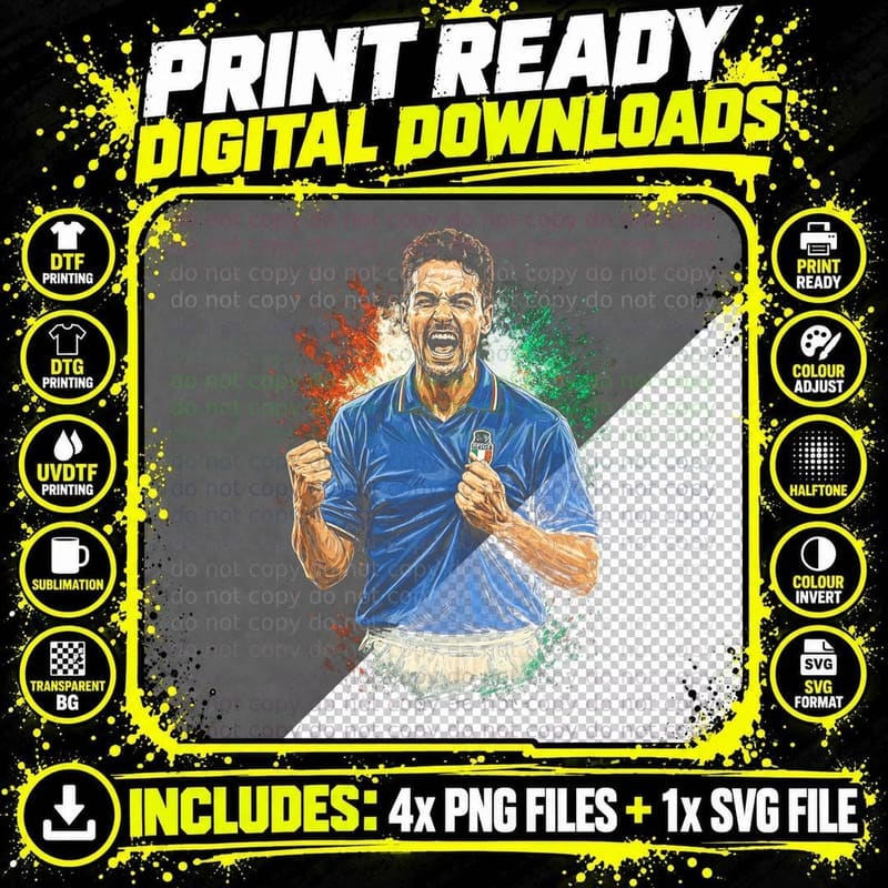 Male Footballer Shouting Fists Clenched in Blue Italy Png SVG Digital Bundle