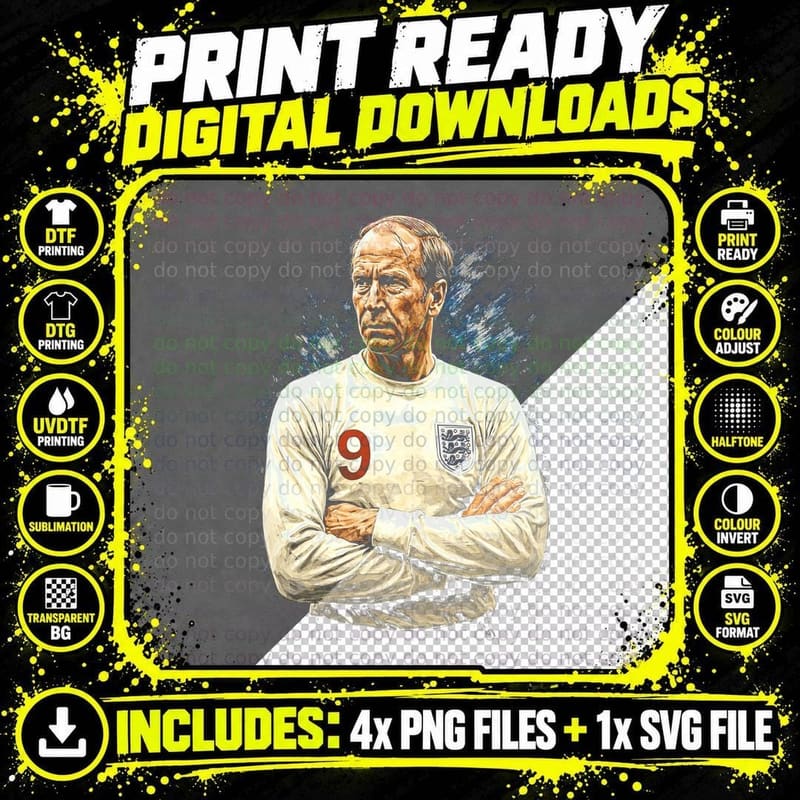 Male Footballer Vintage England White Kit Three Lions Png SVG Digital Bundle