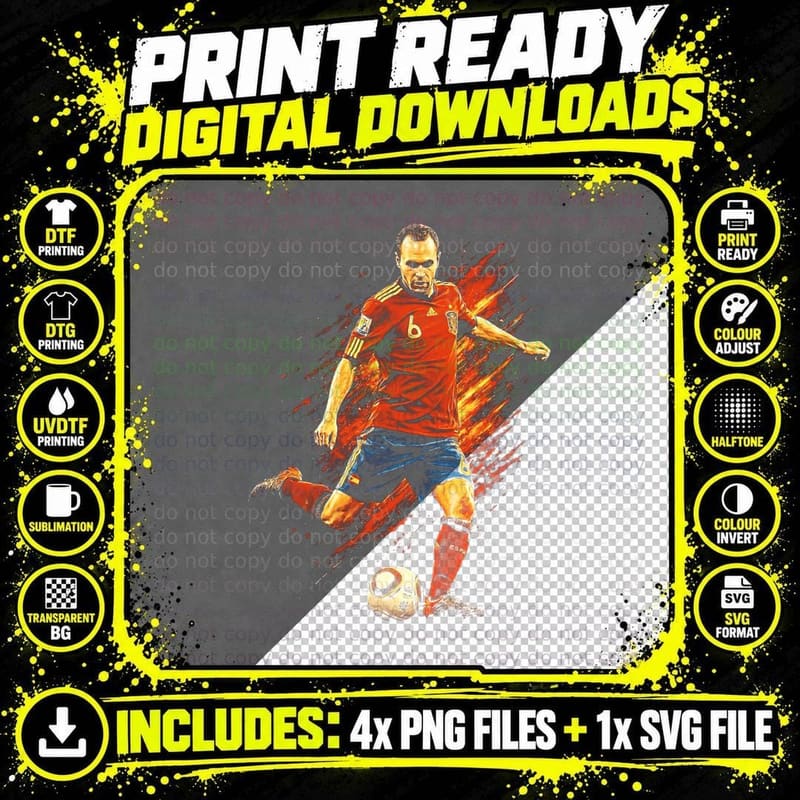 Male Footballer in Red Spain Kit Number 6 Retro Png SVG Digital Bundle