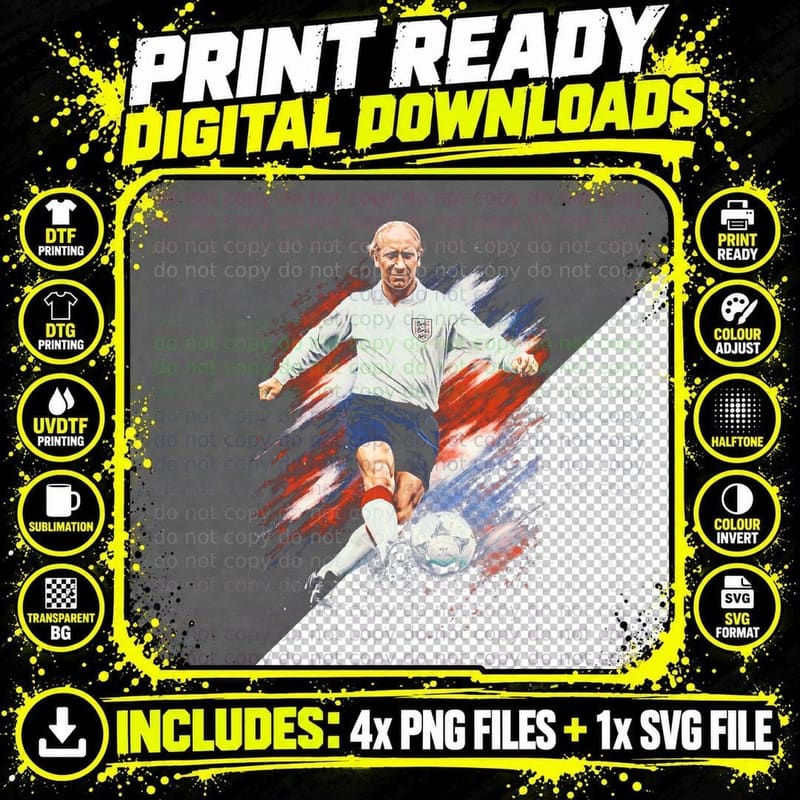 Male Footballer in White England Kit Retro Illustrated Png SVG Digital Bundle