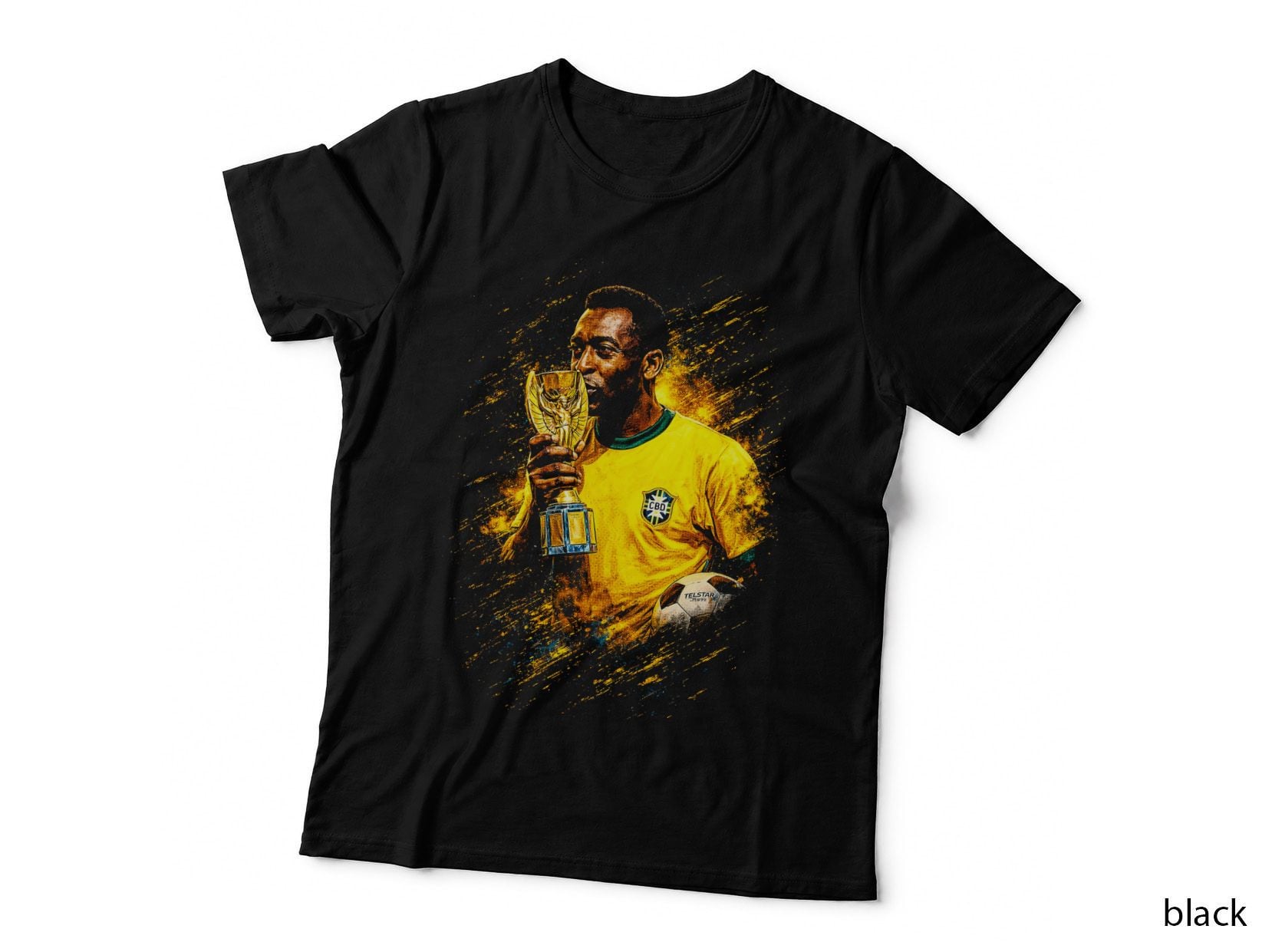 Male Footballer with Trophy Telstar Brazilian Kissing World Cup Orange T-Shirt
