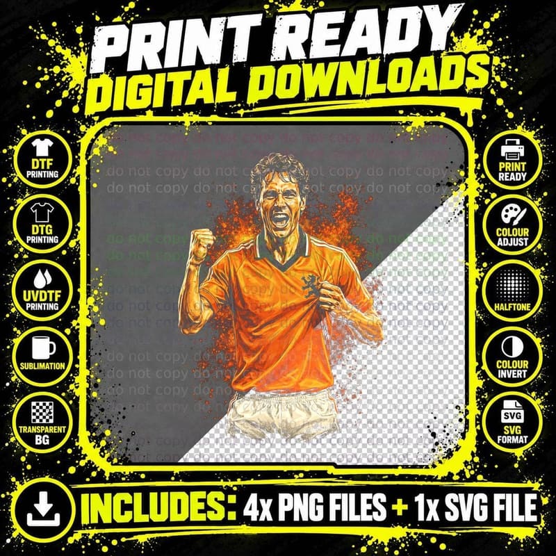 Male Netherlands Footballer Vintage Orange Jersey Fist Png SVG Digital Bundle