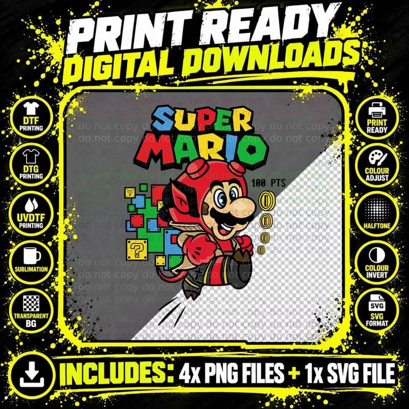 Mario in Devil Costume Super 100 Pts Red Wings Horns Png SVG Digital Bundle