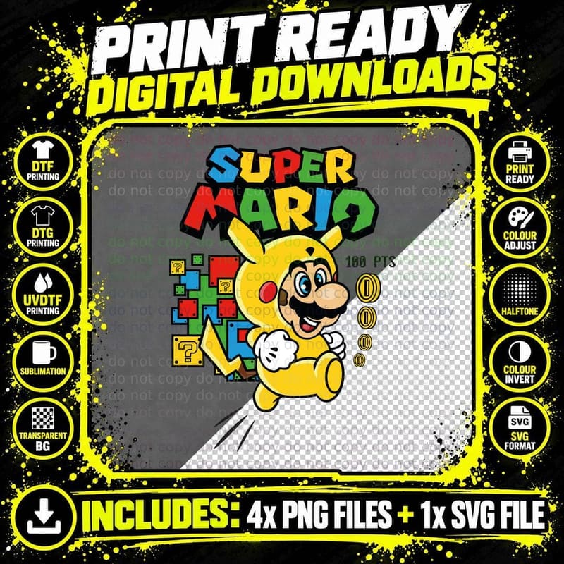 Mario in Electric Mouse Costume Super 100 Pts Yellow Red Png SVG Digital Bundle