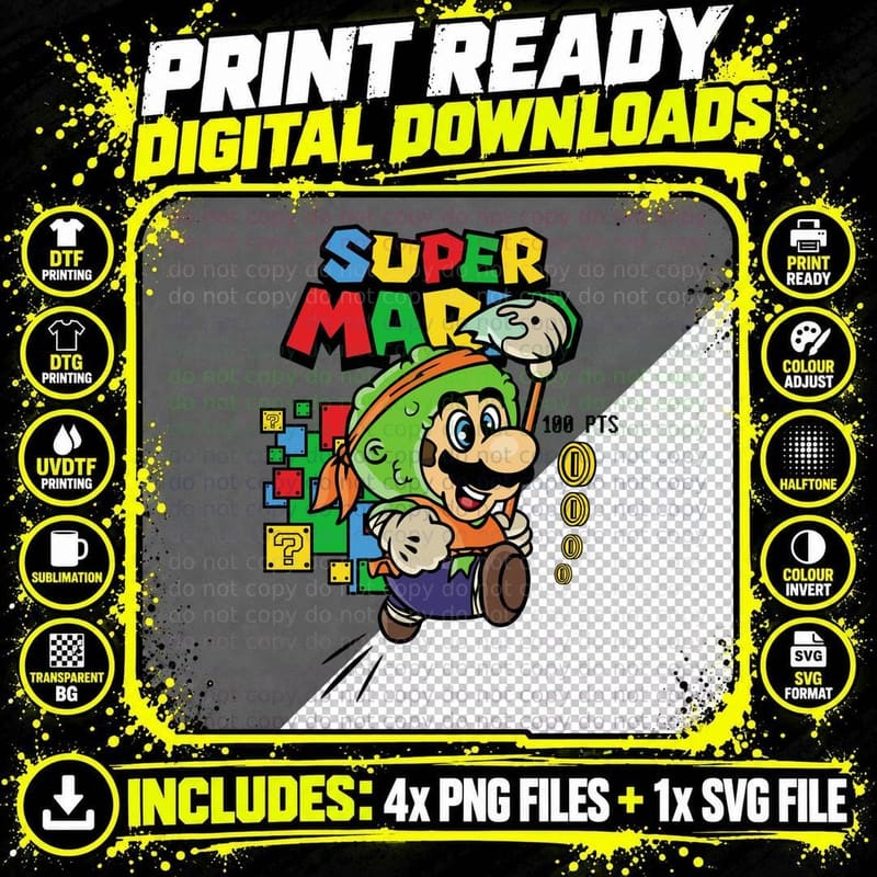 Mario in Green Ogre Costume Super 100 Pts Hood Orange Png SVG Digital Bundle