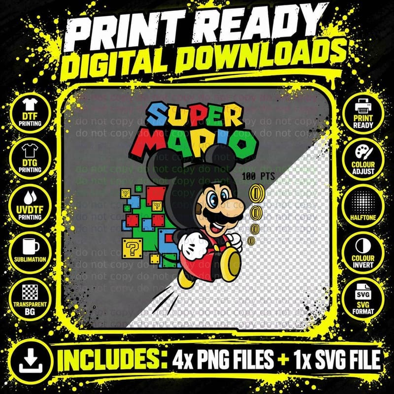 Mario in Mouse Ear Hood Super 100 Pts Black Round Png SVG Digital Bundle