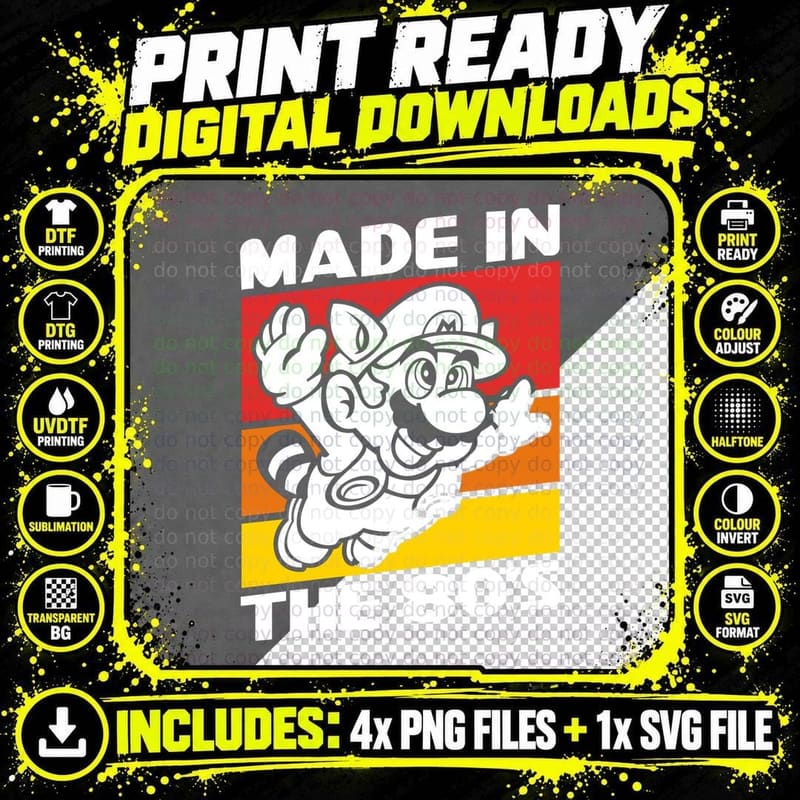 Mario in Raccoon Suit Made in the 80's Monochrome White Png SVG Digital Bundle