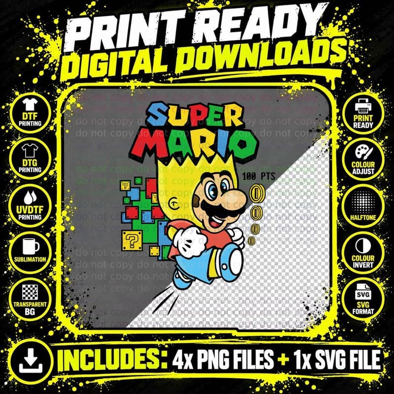 Mario in Spiky Yellow Hair Costume Super 100 Pts Wig Red Png SVG Digital Bundle