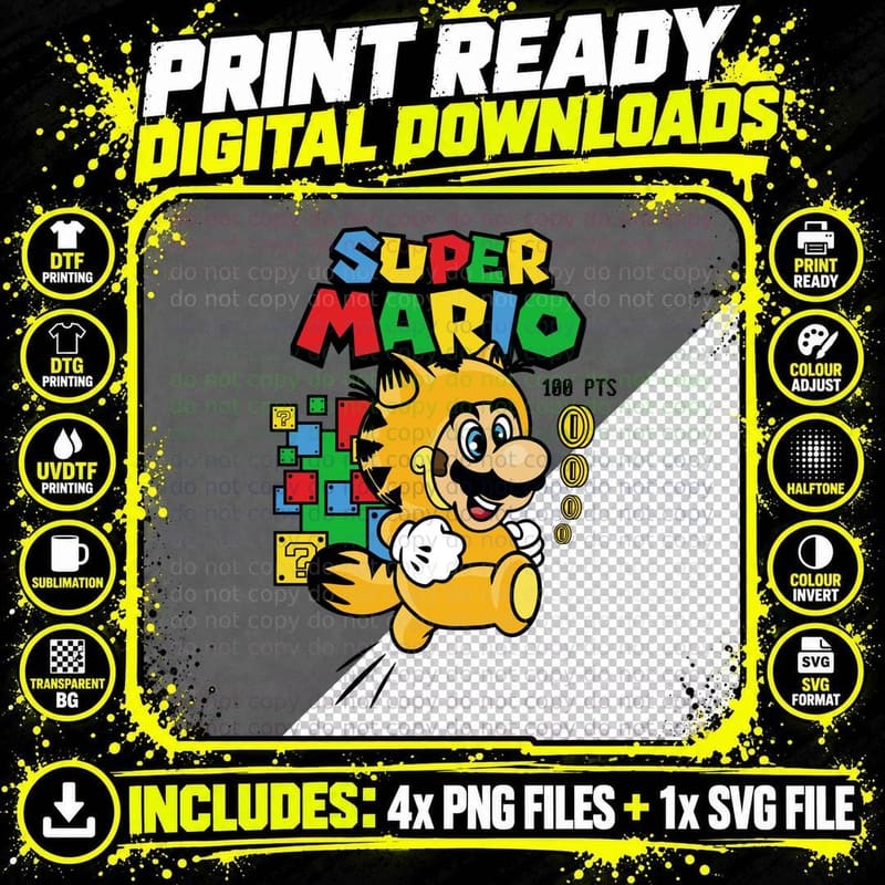 Mario in Tiger Costume Super 100 Pts Orange Striped Png SVG Digital Bundle