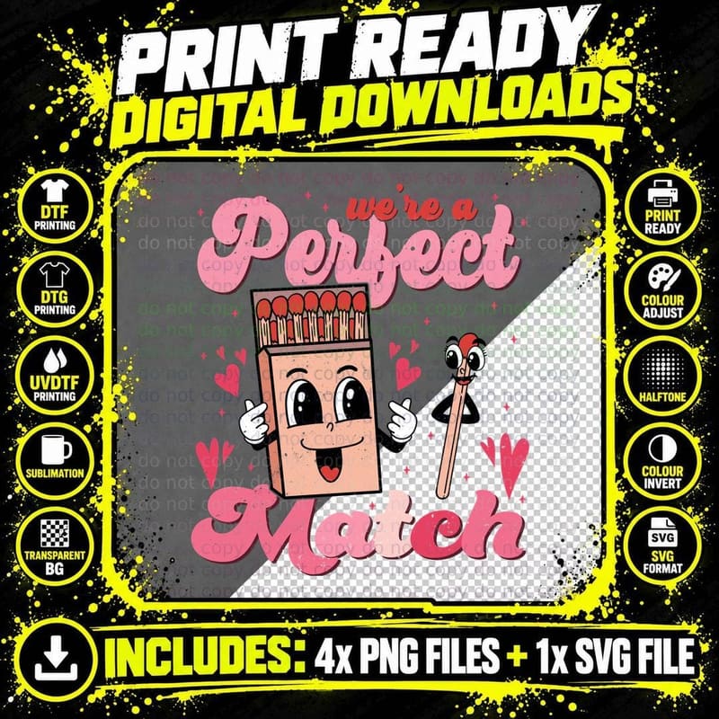 Matchbox Character We're a Perfect Match Retro Cute Love Png SVG Digital Bundle
