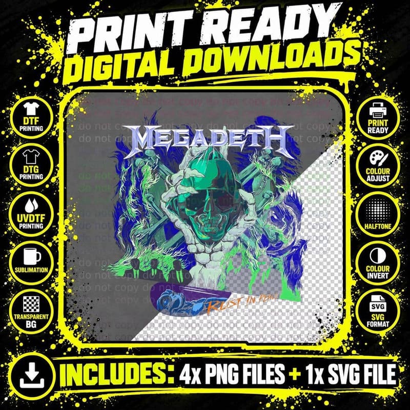 Megadeth Rush in Blue Demonic Neon Skull Halftone Png SVG Digital Bundle