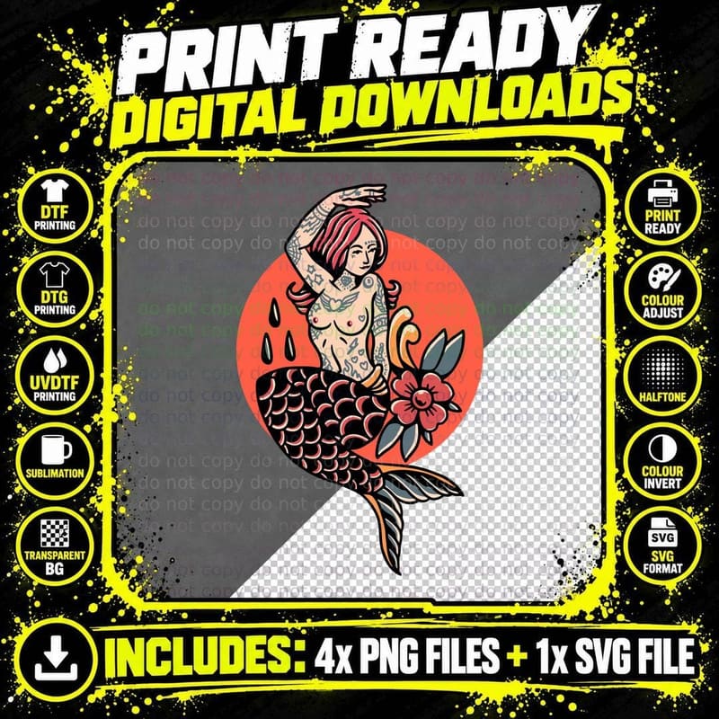 Mermaid Tattoo Mythology Retro T-Shirt Png SVG Digital Bundle