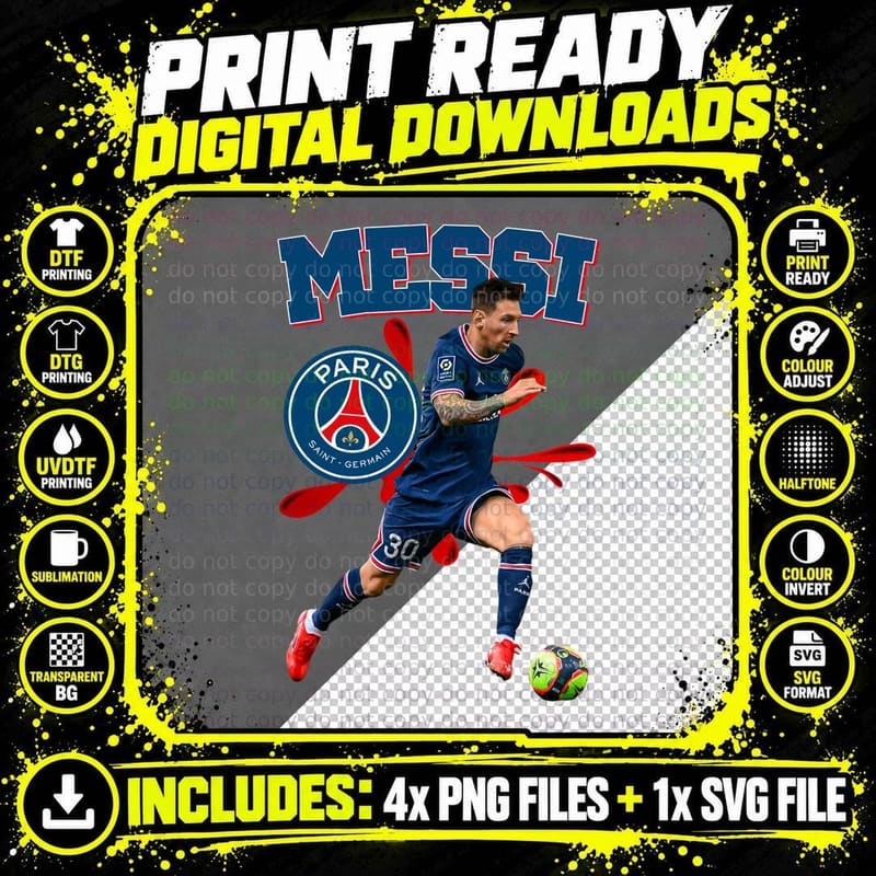Messi Psg Footballer with Trophy Hearts Retro Dynamic Png SVG Digital Bundle