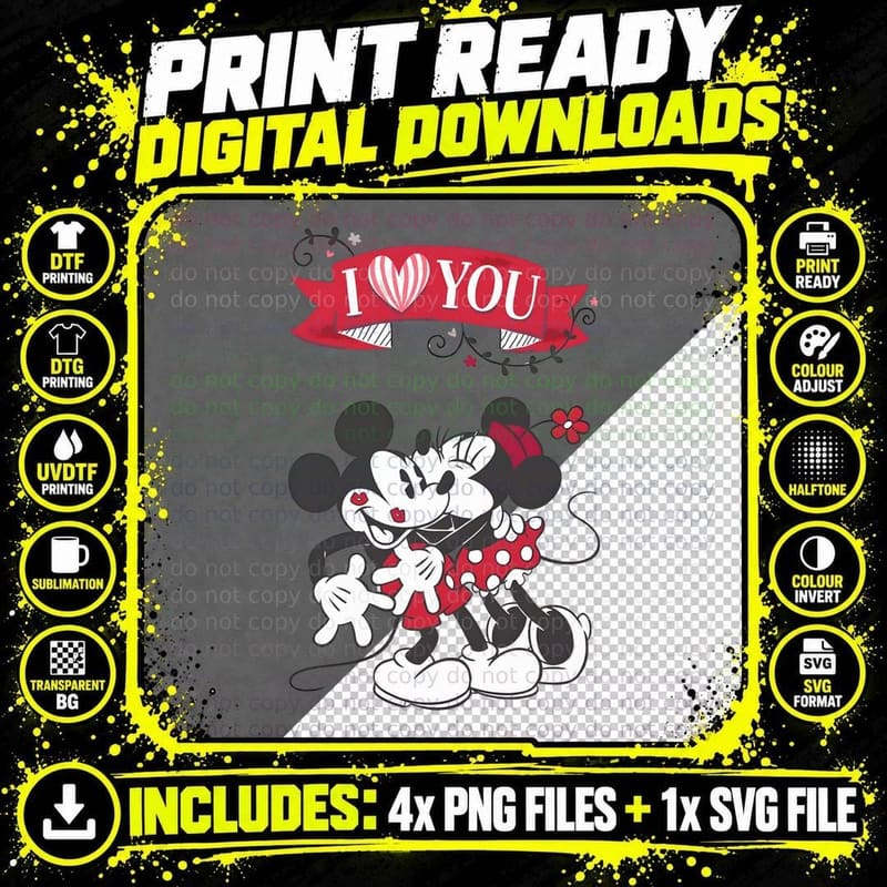 Mickey Minnie I Love You Red White Black Vintage Classic Png SVG Digital Bundle