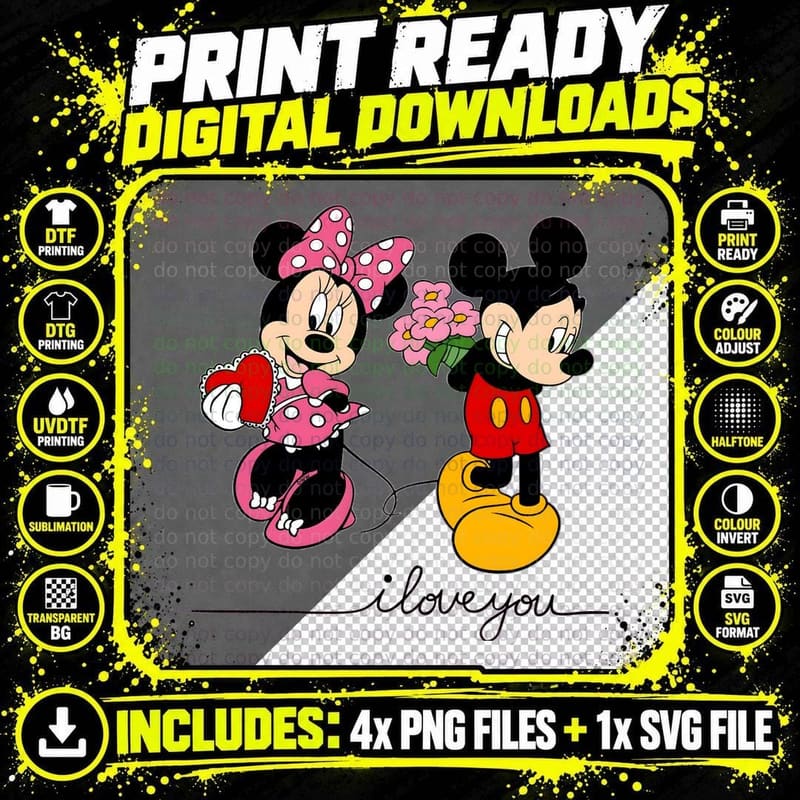 Mickey Minnie Ilove You Red Yellow Black Flowers Hearts Png SVG Digital Bundle