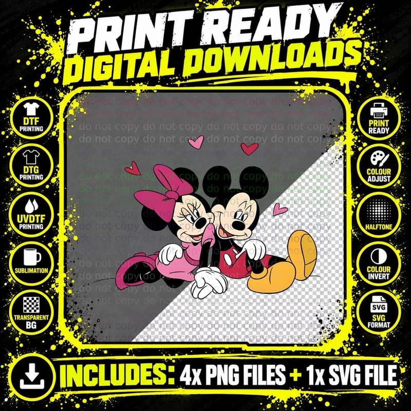Mickey Minnie Pink Red Hearts Romantic Classic T-Shirt Png SVG Digital Bundle