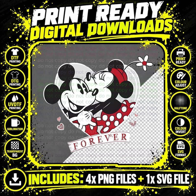 Mickey and Minnie Mouse Forever Classic Era Couple Heart Png SVG Digital Bundle