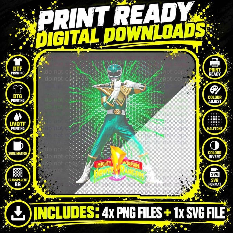 Mighty Morphin Power Rangers Character Green Cyan Glow Png SVG Digital Bundle