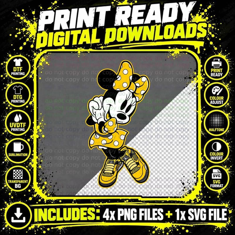 Minnie Mouse Cartoon Yellow Polka Dot Retro T-Shirt Png SVG Digital Bundle