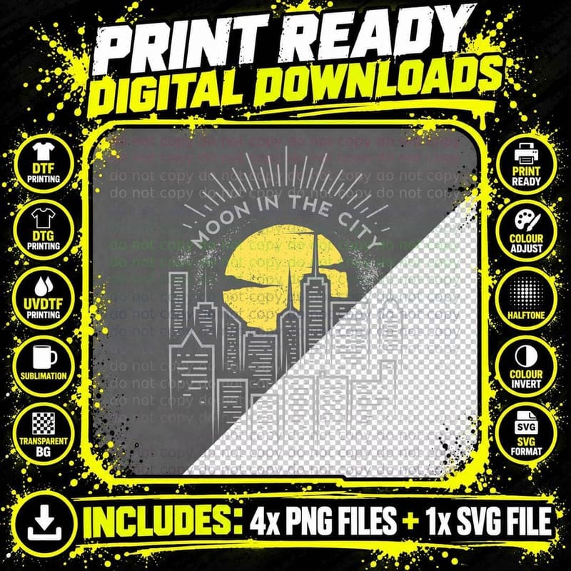 Moon in the City in the Full Skyline Retro Urban Night Png SVG Digital Bundle