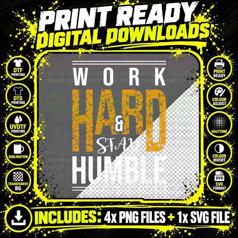 Motivational Text Work Hard and Stay Humble Gold Png SVG Digital Bundle