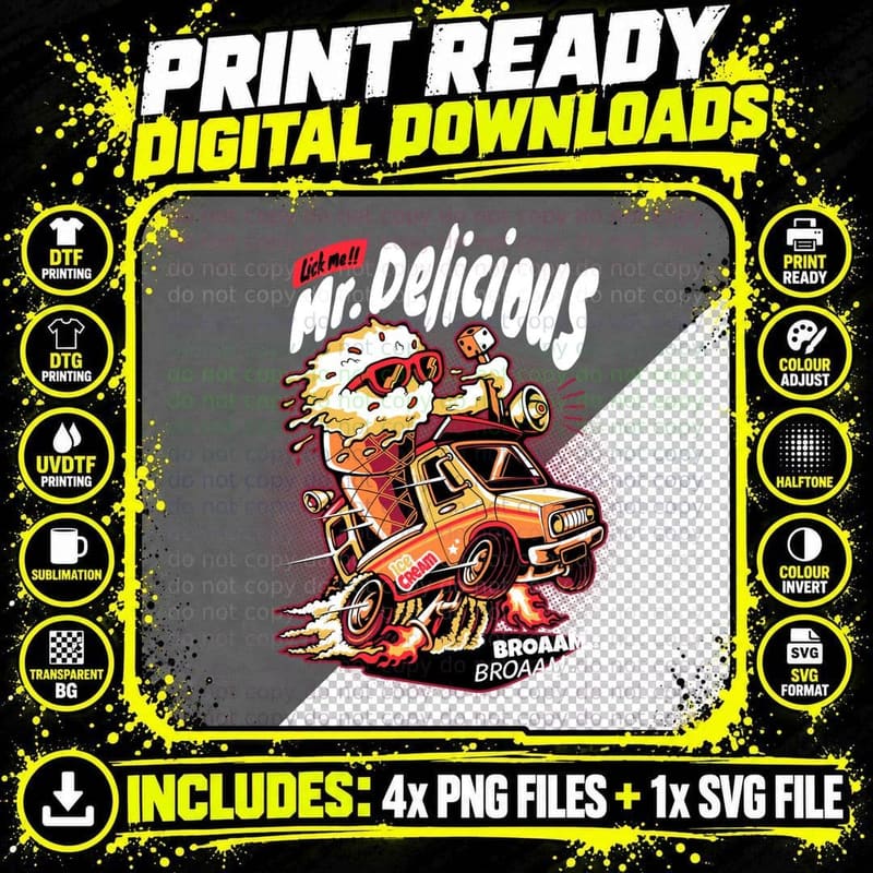 Mr Delicious Lick Me Broaam Car Ice Cream Retro Comic Png SVG Digital Bundle