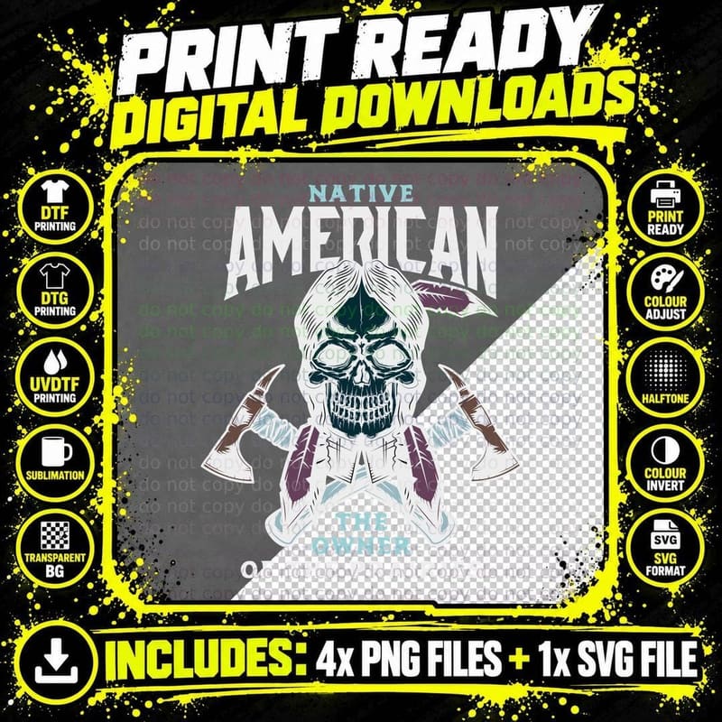 Native American the Owner of the Prairies Skull Feathers Png SVG Digital Bundle