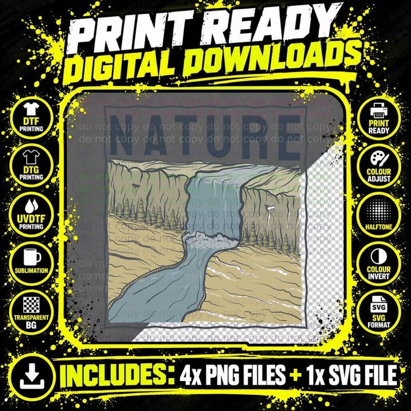 Nature Waterfall Landscape Retro Line T-Shirt Png SVG Digital Bundle