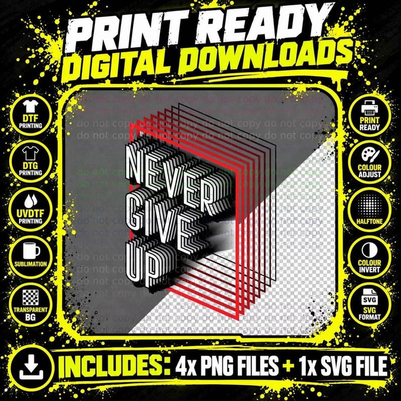 Never Give up Glitch 3D Effect Red Black Retro T-Shirt Png SVG Digital Bundle