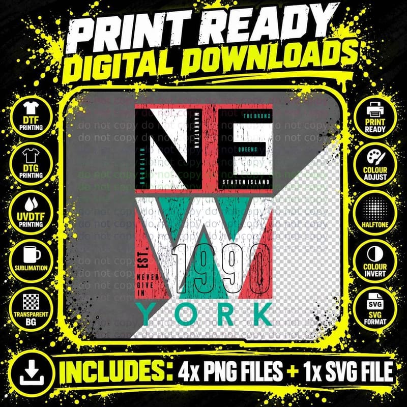 New 1999 York Never Give up Five Boroughs Red Teal White Png SVG Digital Bundle