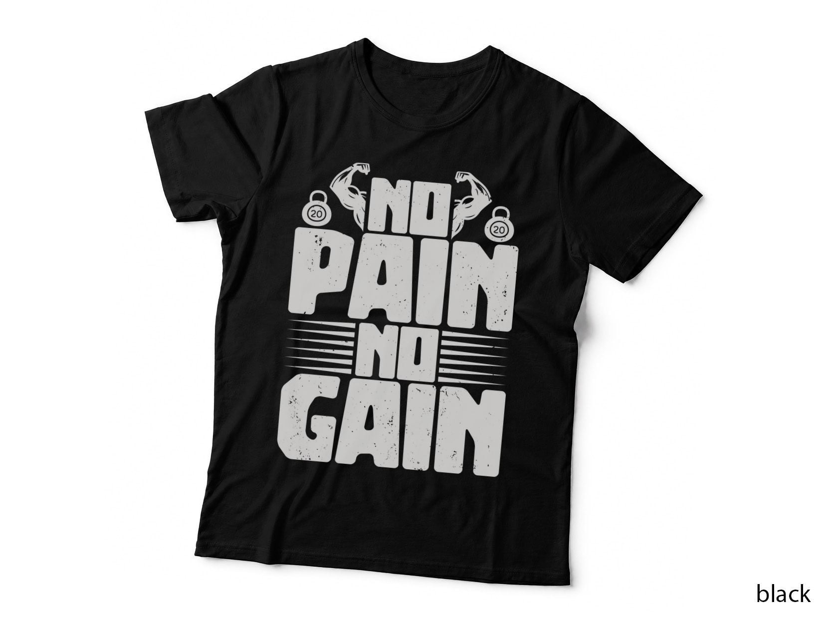No Pain Gain Black Bold Dumbbell Text Distressed Weights T-Shirt