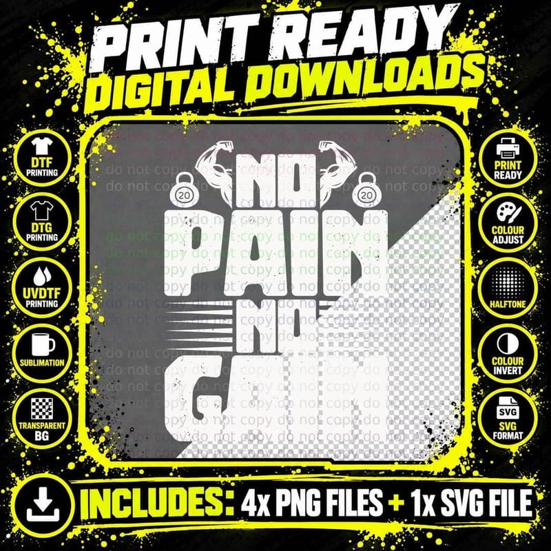 No Pain Gain Black Bold Dumbbell Text Distressed Weights Png SVG Digital Bundle