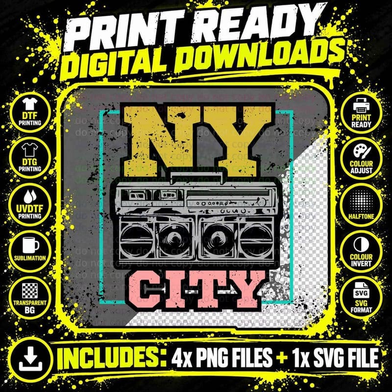 Ny City Boombox Yellow Pink Stereo Music Retro Hip-Hop Png SVG Digital Bundle