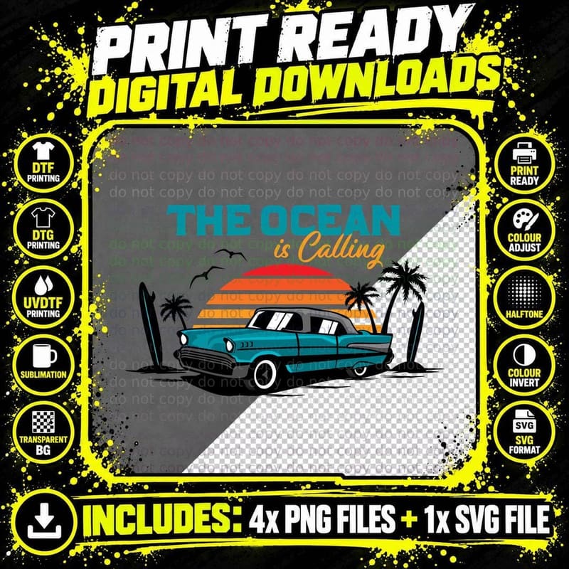 Ocean Calling the Is Beach Car Tropical Palm Retro Png SVG Digital Bundle