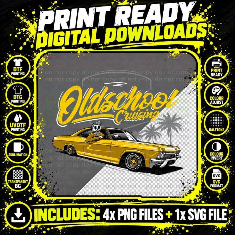Oldschool Cruising Yellow Vintage Classic Lowrider Car Png SVG Digital Bundle