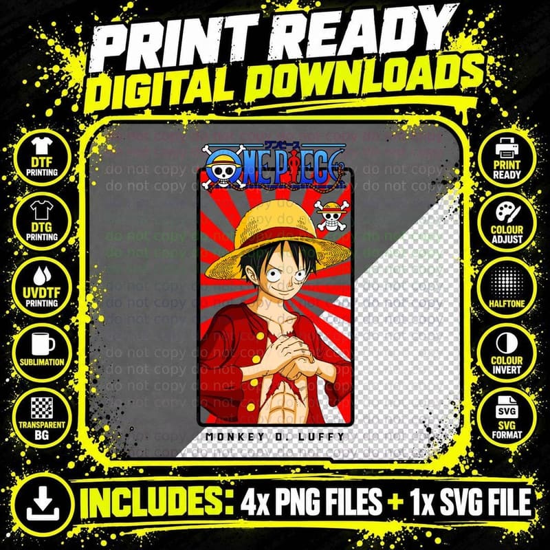 One Piece Monkey D. Luffy Red Straw Hat Character Gold Png SVG Digital Bundle