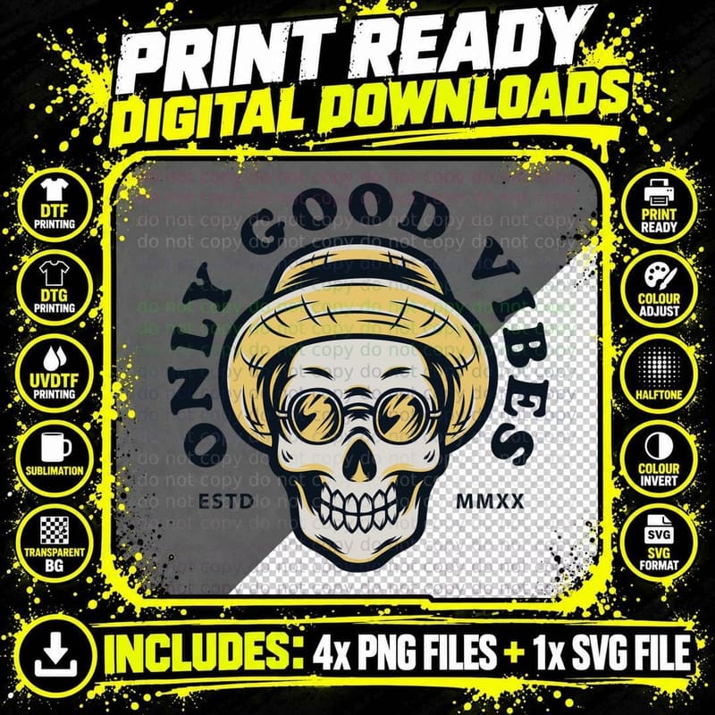 Only Good Vibes Estd Mmxx Skull Hat Sunglasses Vintage Png SVG Digital Bundle