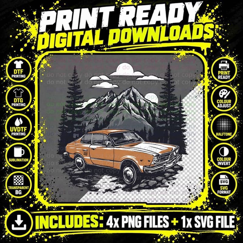 Orange Forest Car Vintage Mountains Landscape T-Shirt Png SVG Digital Bundle