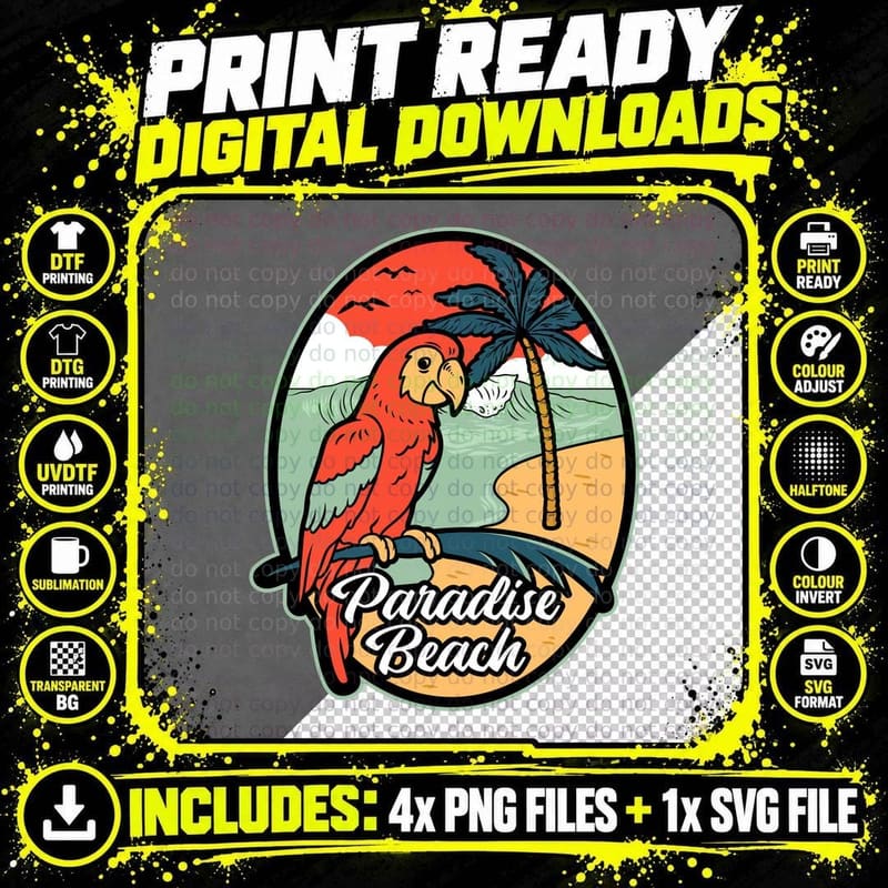 Paradise Beach Retro Parrot Tropical Palmtree Sunset Png SVG Digital Bundle