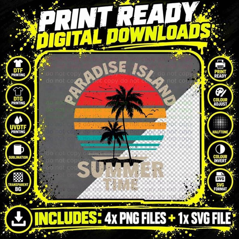 Paradise Island Summer Time Retro Sunset Circular with Png SVG Digital Bundle
