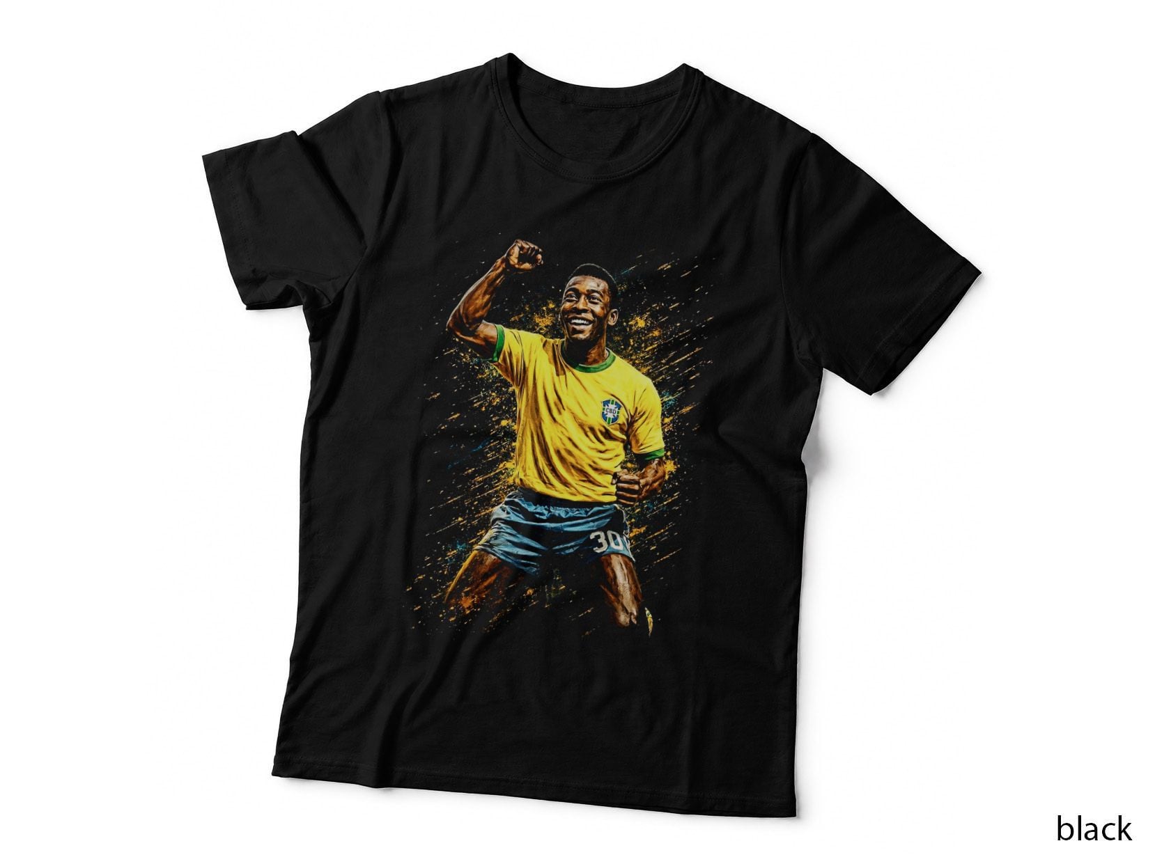 Pele Vintage Brazil Kit Kneeling Fist Pump Celebration Gold T-Shirt