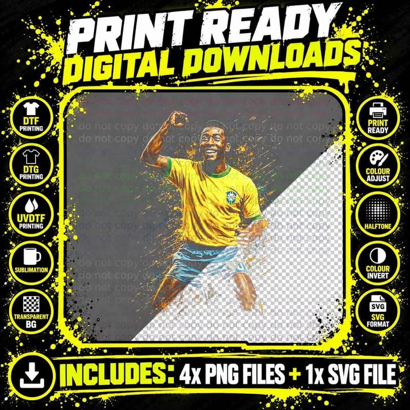 Pele Vintage Brazil Kit Kneeling Fist Pump Celebration Png SVG Digital Bundle