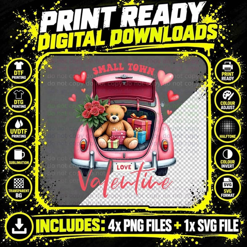 Pink Beetle Love Vehicle Small Town Valentines Retro Car Png SVG Digital Bundle