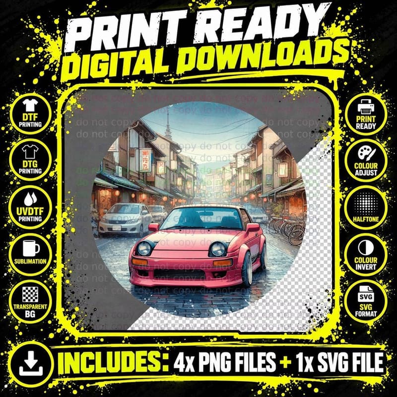 Pink Sports Car Japanese Vintage Town Retro Aesthetic Png SVG Digital Bundle