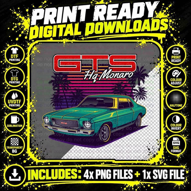 Pontiac Gto Gts Hq Monaro Green Retro Vaporwave Palm Png SVG Digital Bundle