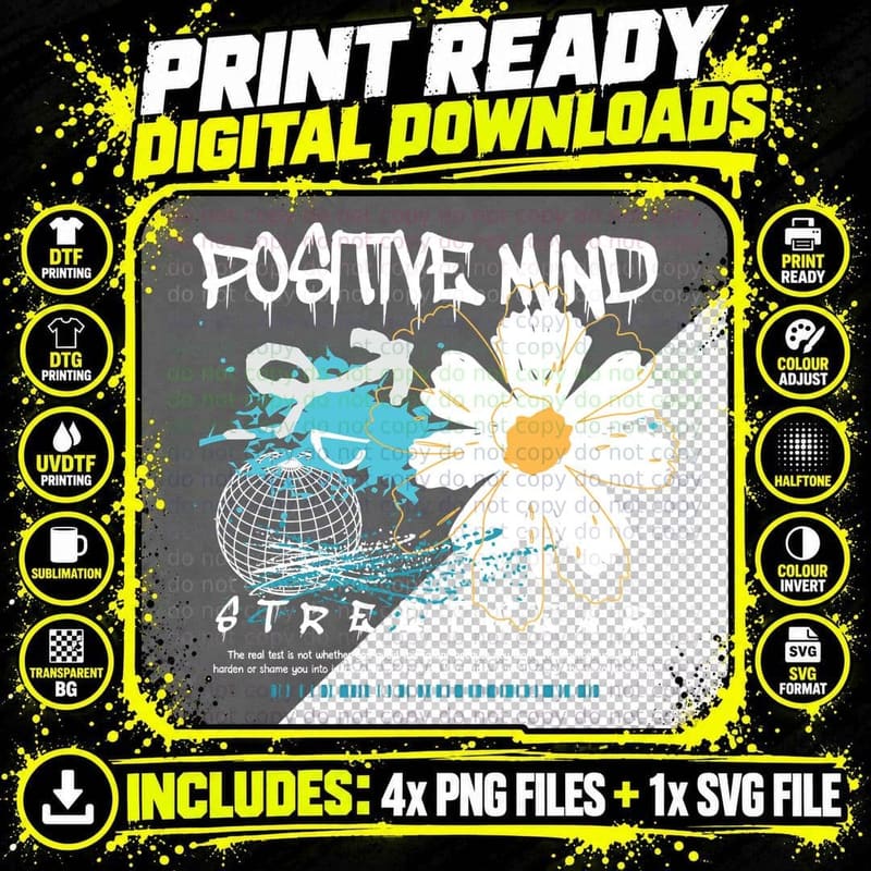Positive Mind Daisy Flower White Yellow Globe Grid Retro Png SVG Digital Bundle