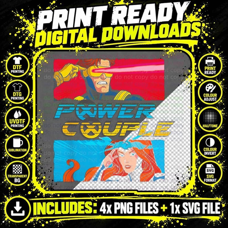 Power Couple Blue Red Cyan Halftone Retro Illustration Png SVG Digital Bundle